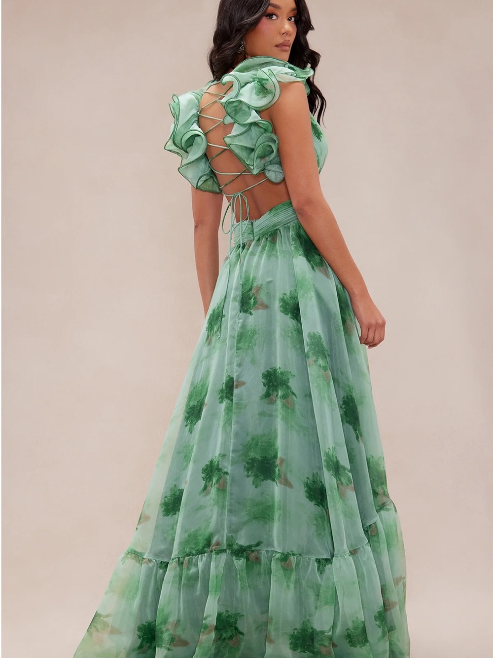 Fashion Nova Green Floral Ruffle Backless Maxi Dress - Picture 1 of 6